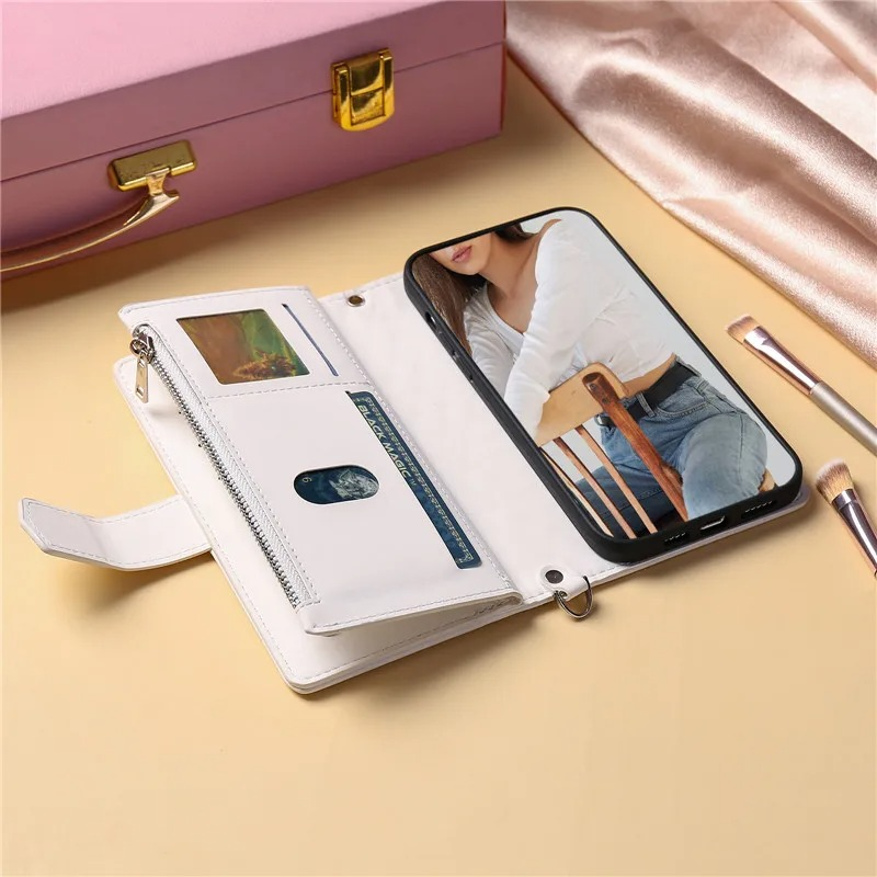 Luxury iPhone Crossbody Zipper Wallet Case — PU Leather Cover with Card Holder, Wrist Strap and Lanyard, Kickstand Function, Shockproof Anti-Fingerprint Design