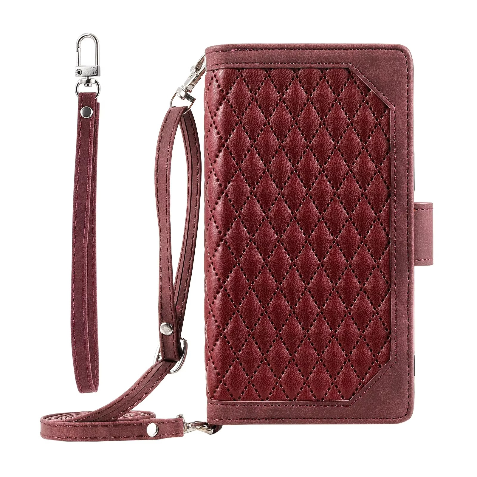 Luxury iPhone Crossbody Zipper Wallet Case — PU Leather Cover with Card Holder, Wrist Strap and Lanyard, Kickstand Function, Shockproof Anti-Fingerprint Design