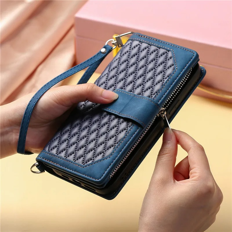 Luxury iPhone Crossbody Zipper Wallet Case — PU Leather Cover with Card Holder, Wrist Strap and Lanyard, Kickstand Function, Shockproof Anti-Fingerprint Design