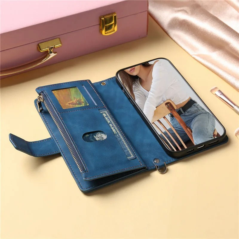 Luxury iPhone Crossbody Zipper Wallet Case — PU Leather Cover with Card Holder, Wrist Strap and Lanyard, Kickstand Function, Shockproof Anti-Fingerprint Design