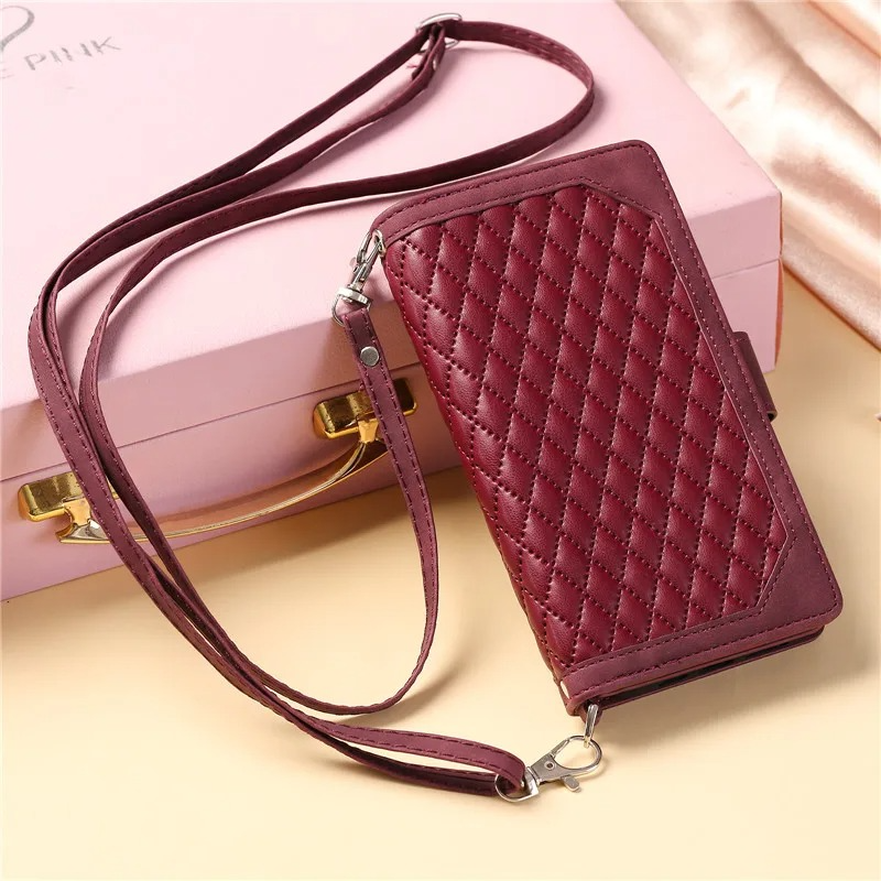 Luxury iPhone Crossbody Zipper Wallet Case — PU Leather Cover with Card Holder, Wrist Strap and Lanyard, Kickstand Function, Shockproof Anti-Fingerprint Design