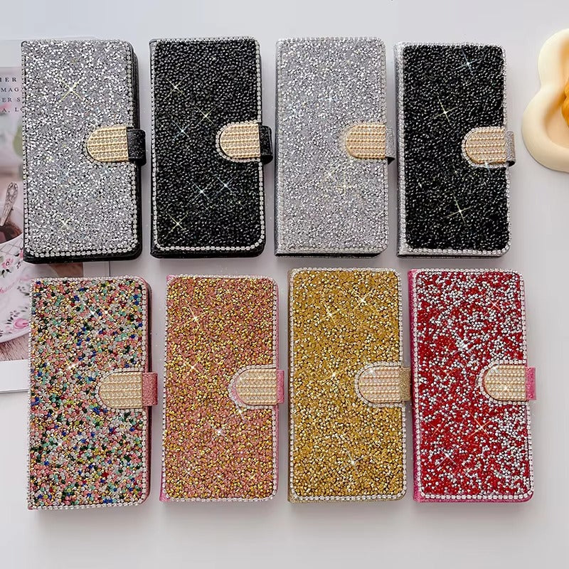 Luxury iPhone Glitter Wallet Flip Case — PU Leather Cover with Sparkling Design, Card Storage Compartment, Full Body Protection, Stylish and Durable