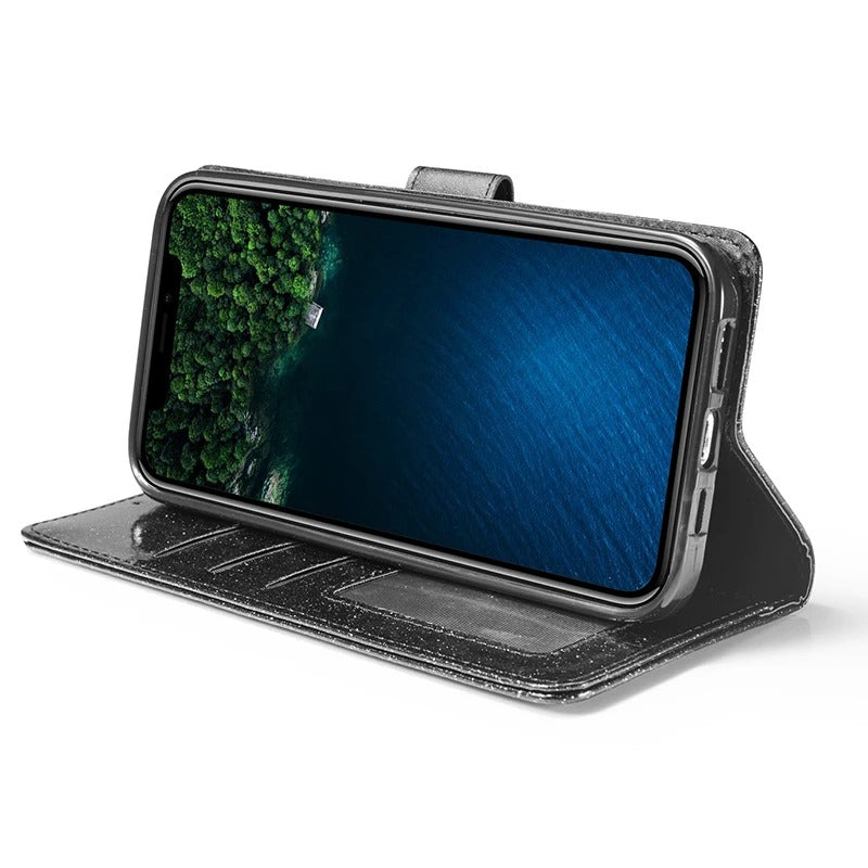 Luxury iPhone Glitter Wallet Flip Case — PU Leather Cover with Sparkling Design, Card Storage Compartment, Full Body Protection, Stylish and Durable