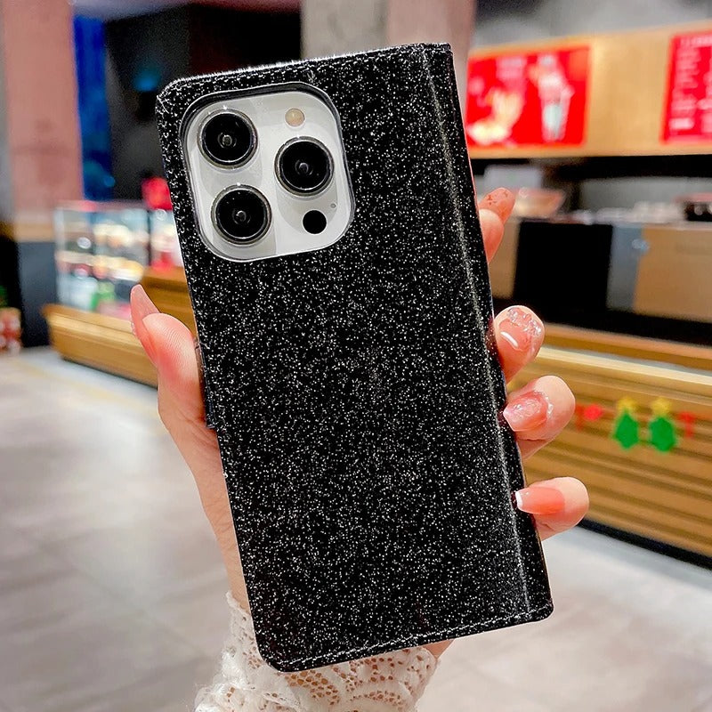 Luxury iPhone Glitter Wallet Flip Case — PU Leather Cover with Sparkling Design, Card Storage Compartment, Full Body Protection, Stylish and Durable