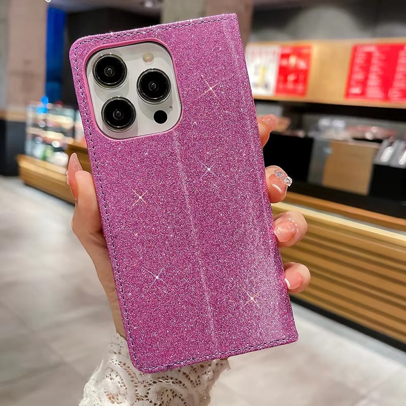 Luxury iPhone Glitter Wallet Flip Case — PU Leather Cover with Sparkling Design, Card Storage Compartment, Full Body Protection, Stylish and Durable