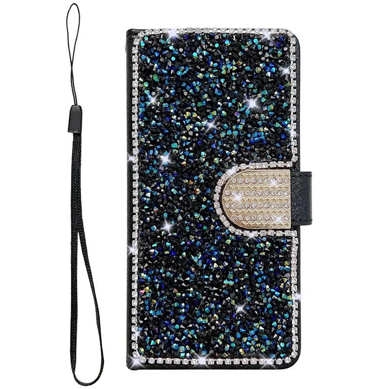 Luxury iPhone Glitter Wallet Flip Case — PU Leather Cover with Sparkling Design, Card Storage Compartment, Full Body Protection, Stylish and Durable