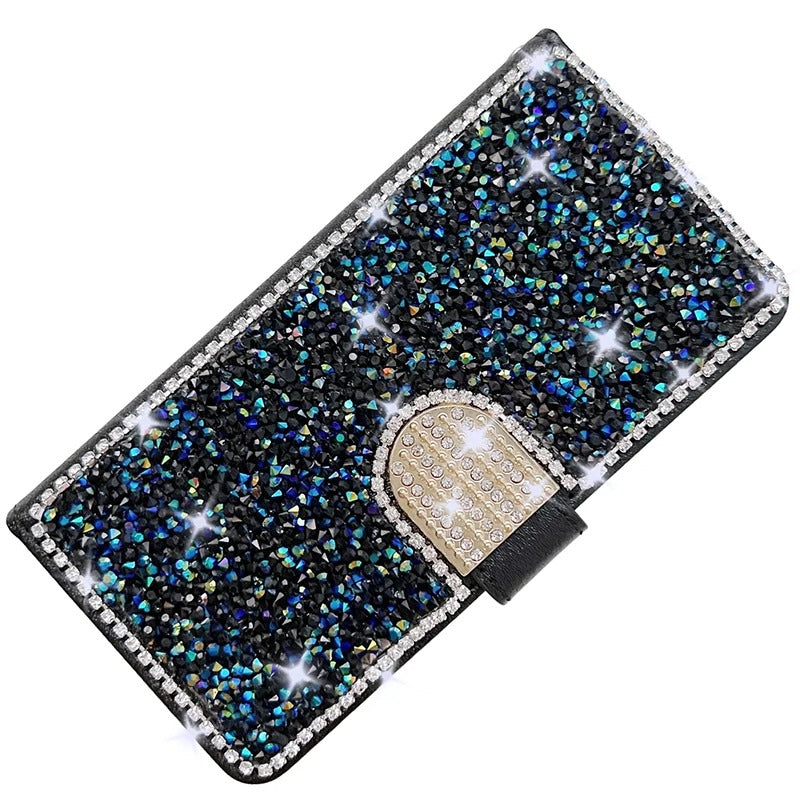 Luxury iPhone Glitter Wallet Flip Case — PU Leather Cover with Sparkling Design, Card Storage Compartment, Full Body Protection, Stylish and Durable