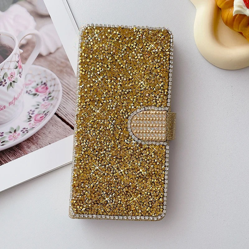 Luxury iPhone Glitter Wallet Flip Case — PU Leather Cover with Sparkling Design, Card Storage Compartment, Full Body Protection, Stylish and Durable