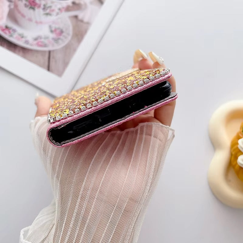 Luxury iPhone Glitter Wallet Flip Case — PU Leather Cover with Sparkling Design, Card Storage Compartment, Full Body Protection, Stylish and Durable