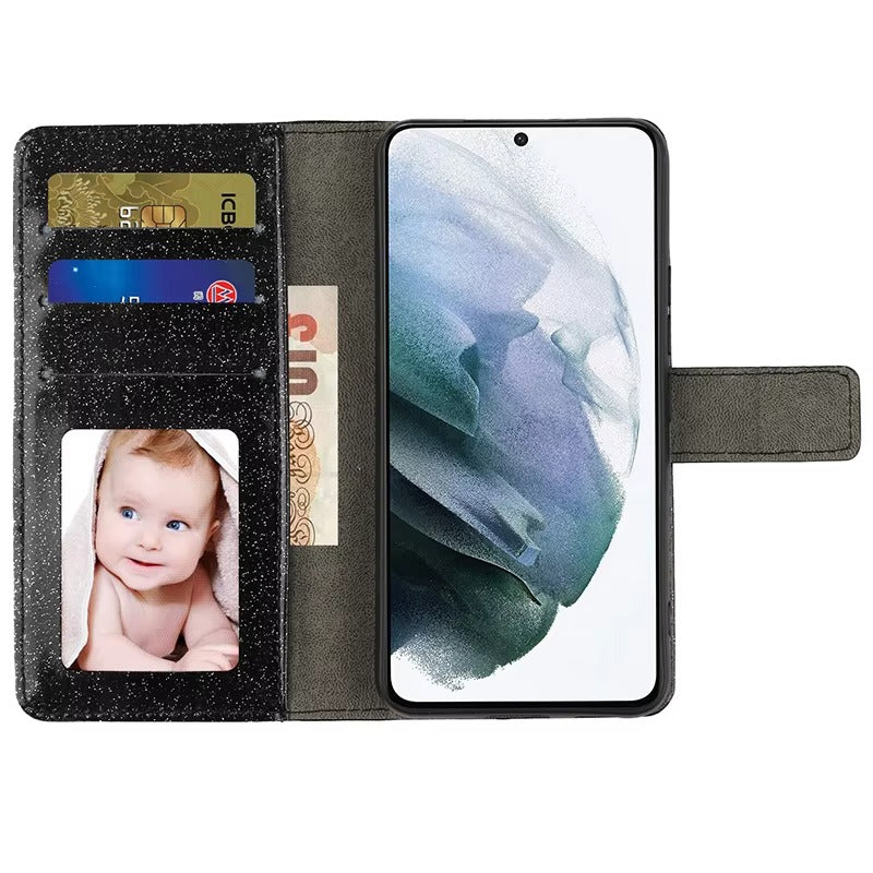 Luxury iPhone Glitter Wallet Flip Case — PU Leather Cover with Sparkling Design, Card Storage Compartment, Full Body Protection, Stylish and Durable
