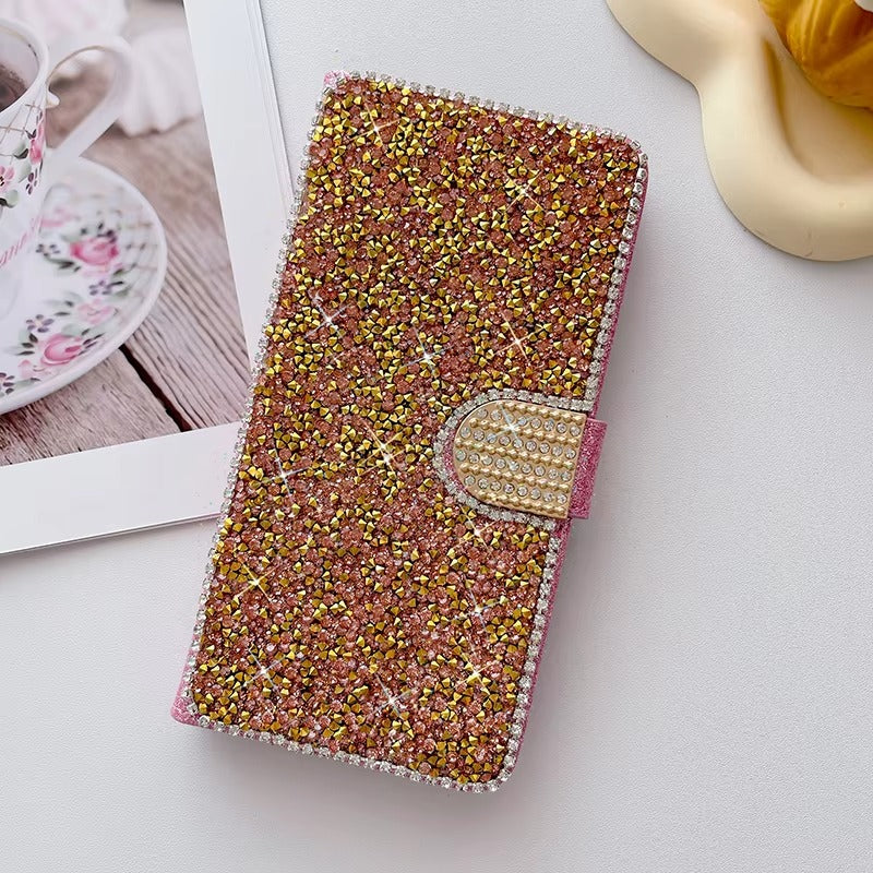 Luxury iPhone Glitter Wallet Flip Case — PU Leather Cover with Sparkling Design, Card Storage Compartment, Full Body Protection, Stylish and Durable