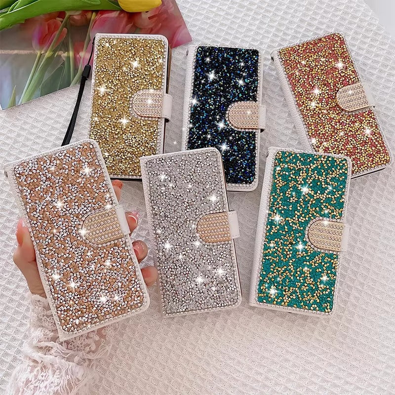Luxury iPhone Glitter Wallet Flip Case — PU Leather Cover with Sparkling Design, Card Storage Compartment, Full Body Protection, Stylish and Durable