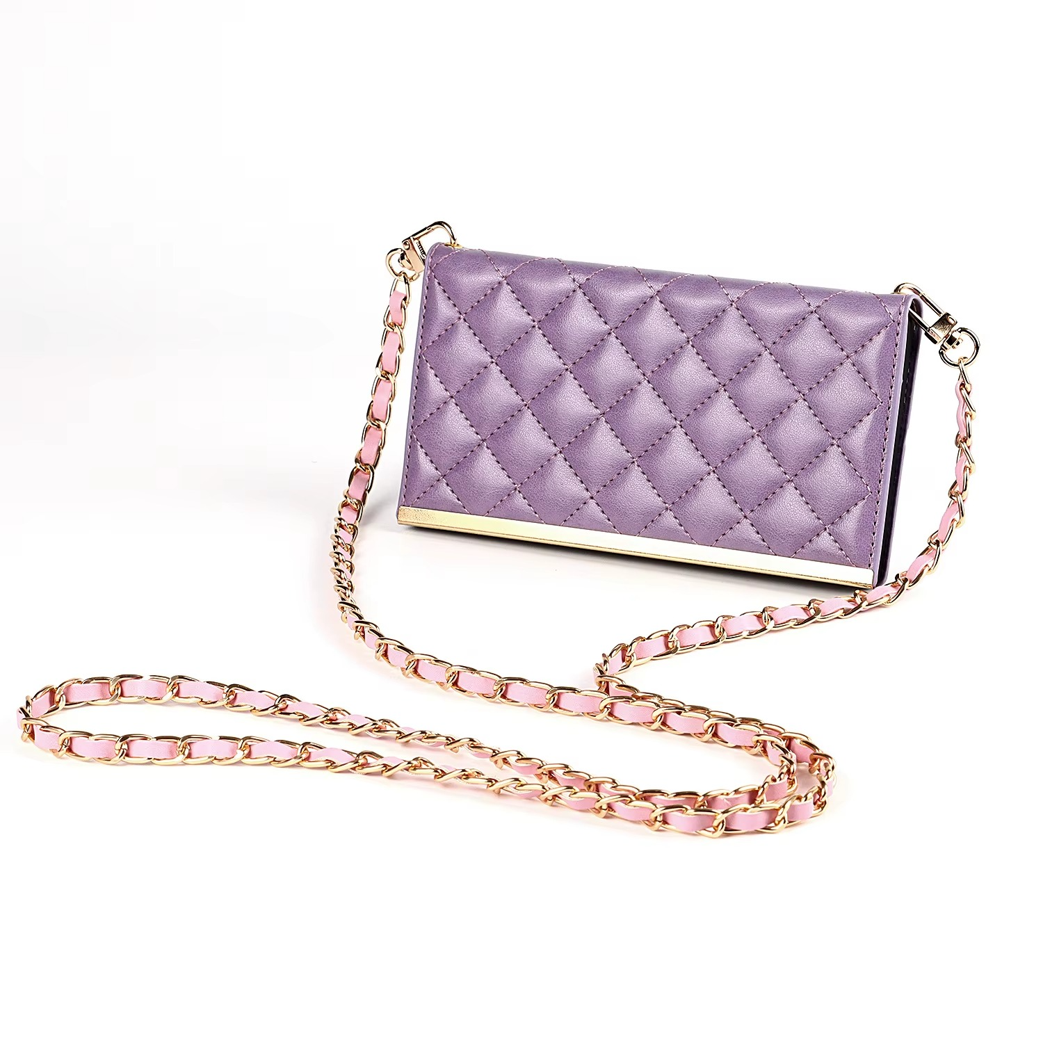 Luxury iPhone Leather Crossbody Wallet Case — PU Leather Cover with Card Holder, Chain Strap Lanyard, Kickstand Function, Shockproof Dustproof Protection