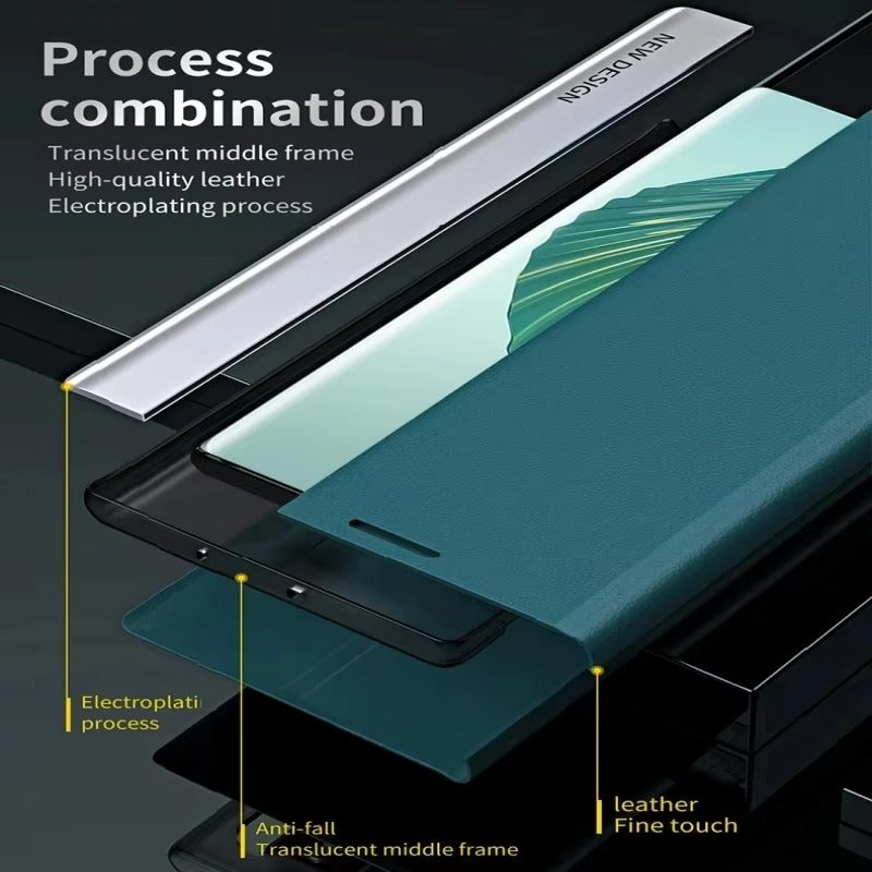 Luxury iPhone Leather Flip Case with Stand — Plating Book-Style Cover, Kickstand Holder, Shockproof Protection, Anti-Fingerprint Matte Finish