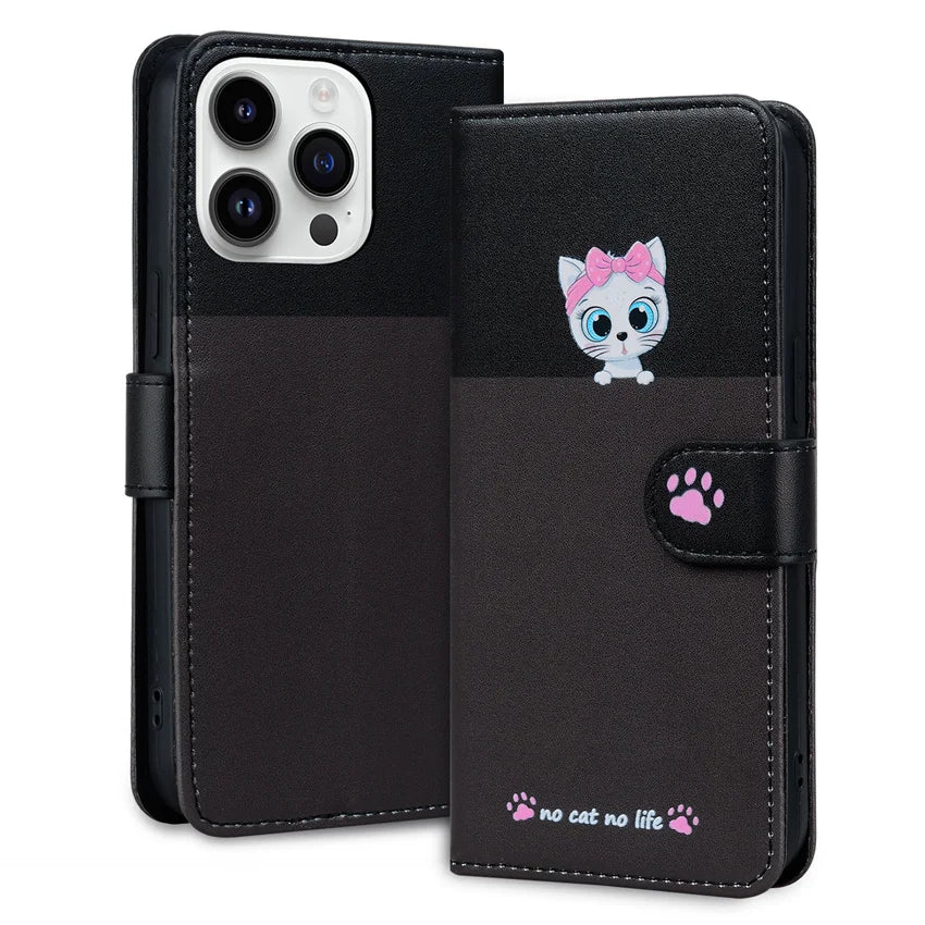 Luxury iPhone Leather Flip Wallet Case — Cute Cat Pet Design, Magnetic Cover with Card Holder, Stand Function, Shockproof Anti-Scratch Protection for Women