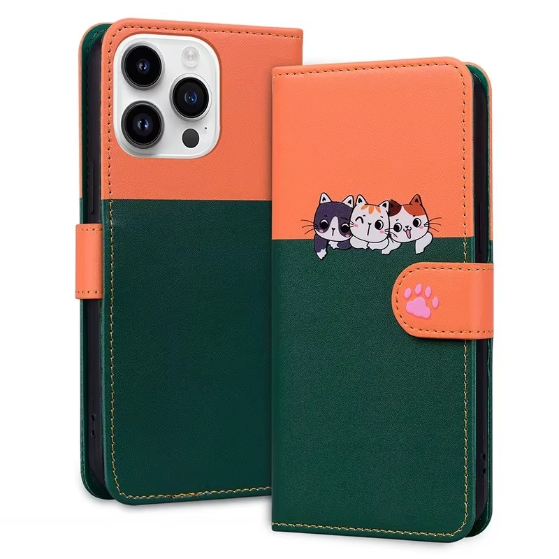 Luxury iPhone Leather Flip Wallet Case — Cute Cat Pet Design, Magnetic Cover with Card Holder, Stand Function, Shockproof Anti-Scratch Protection for Women