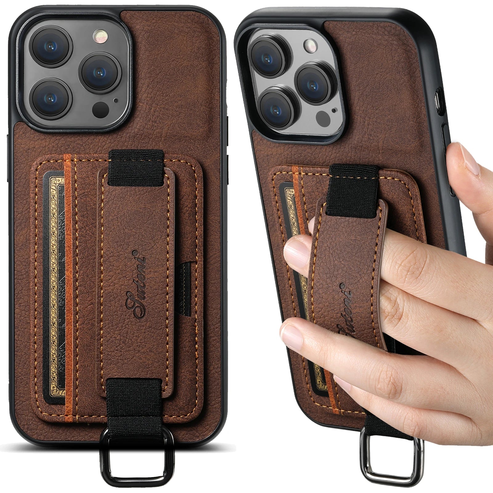 Luxury iPhone Leather Wallet Case with Card Holder — Wrist Strap Design, PU Leather Cover, Shockproof Full Body Protection, Stylish Storage Compartment