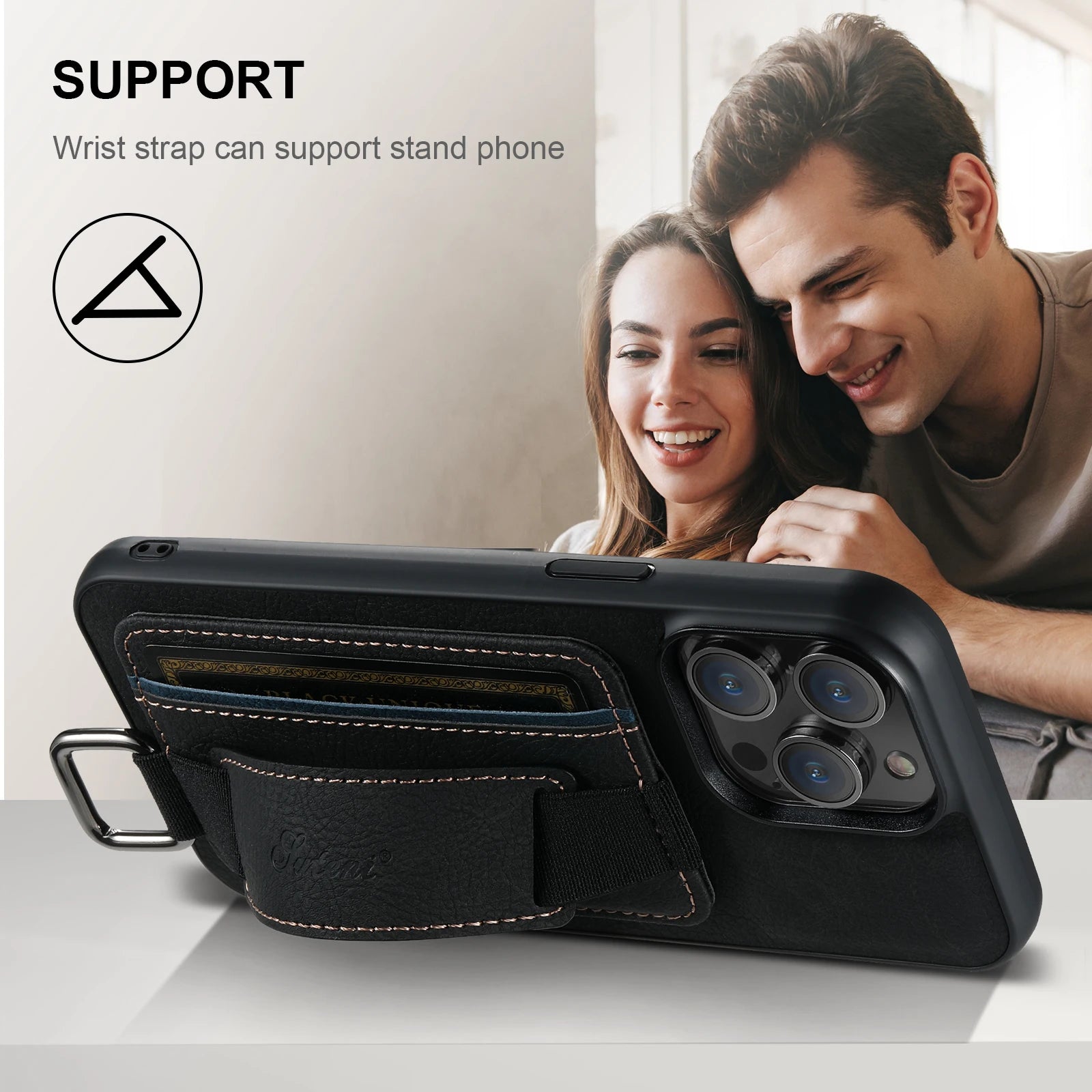 Luxury iPhone Leather Wallet Case with Card Holder — Wrist Strap Design, PU Leather Cover, Shockproof Full Body Protection, Stylish Storage Compartment