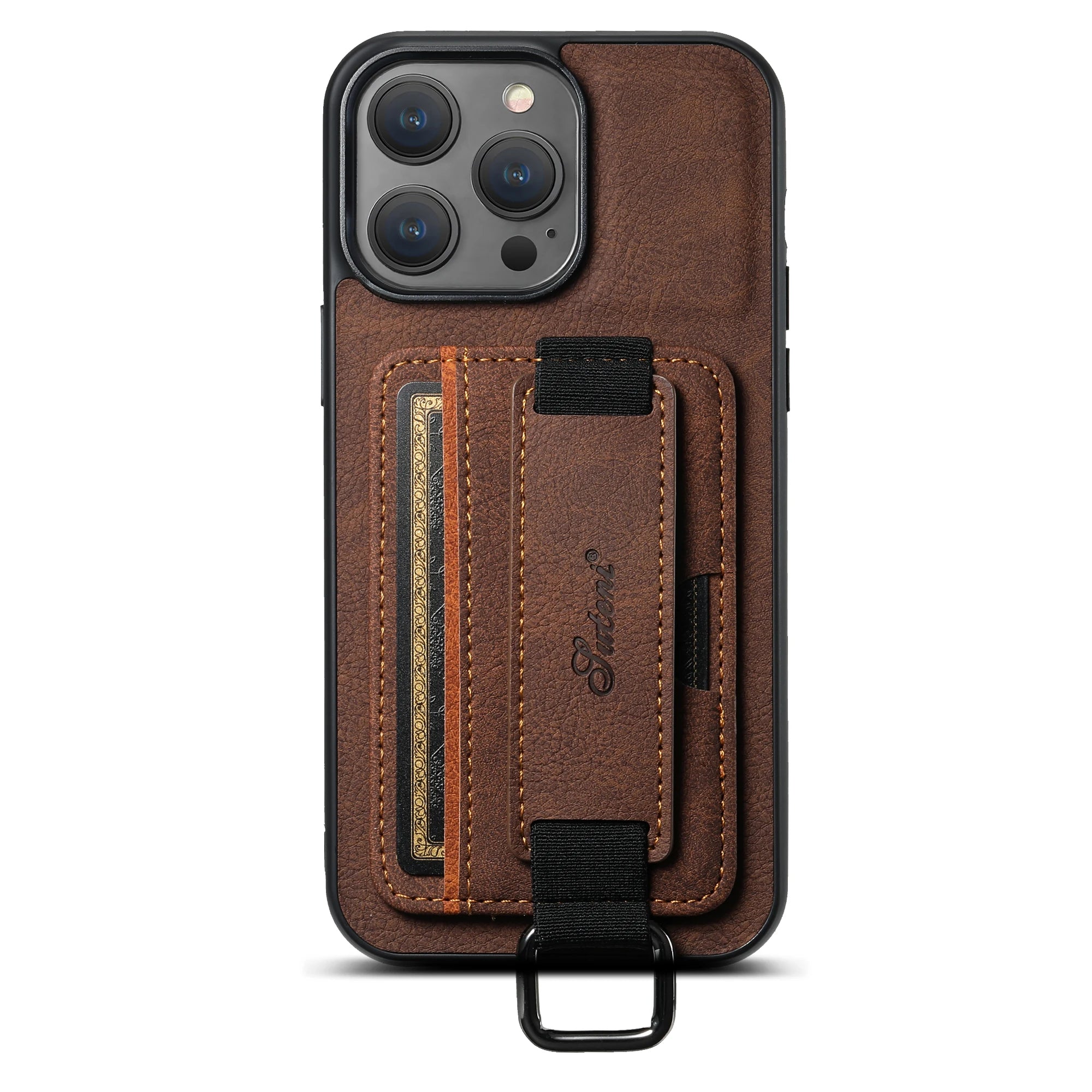 Luxury iPhone Leather Wallet Case with Card Holder — Wrist Strap Design, PU Leather Cover, Shockproof Full Body Protection, Stylish Storage Compartment