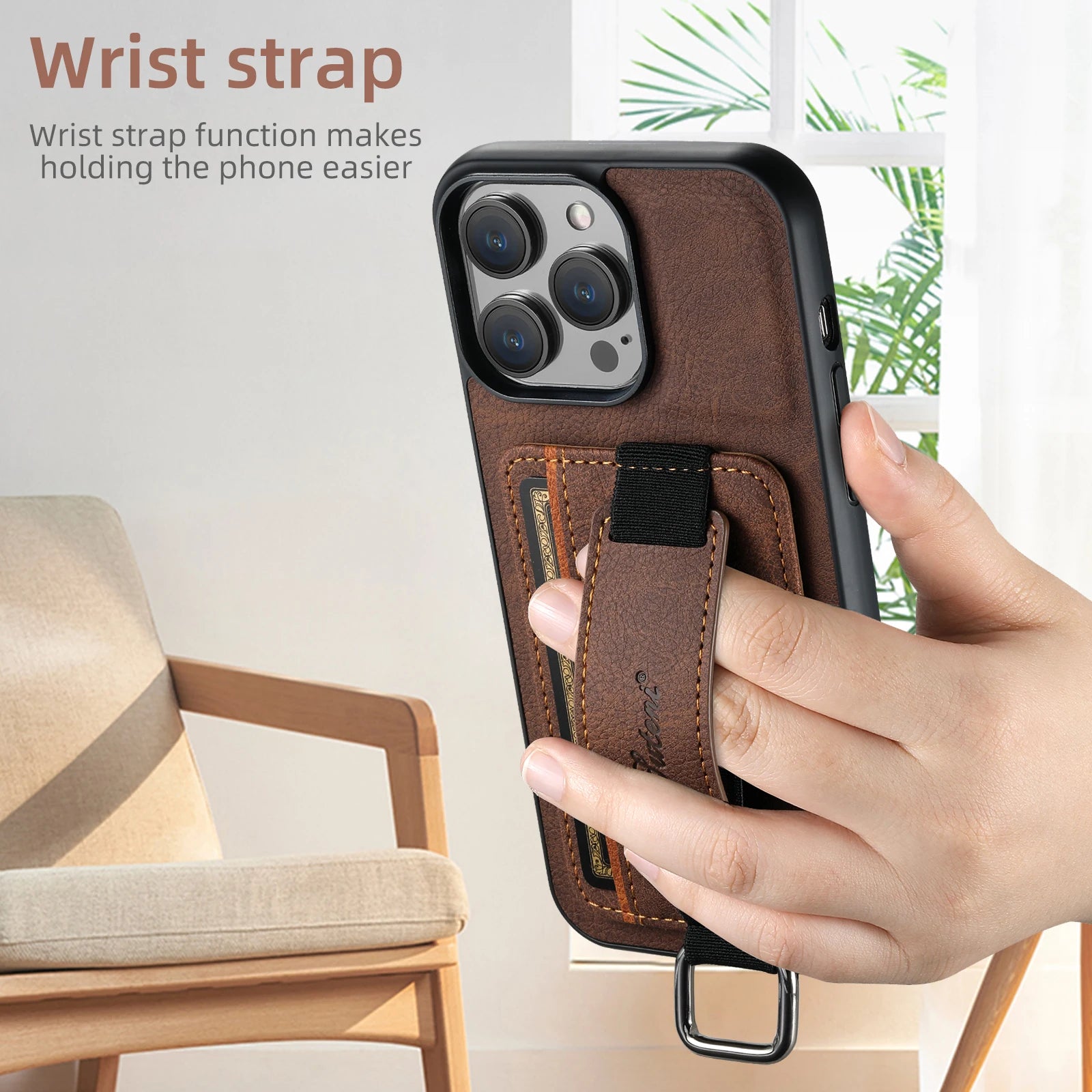 Luxury iPhone Leather Wallet Case with Card Holder — Wrist Strap Design, PU Leather Cover, Shockproof Full Body Protection, Stylish Storage Compartment