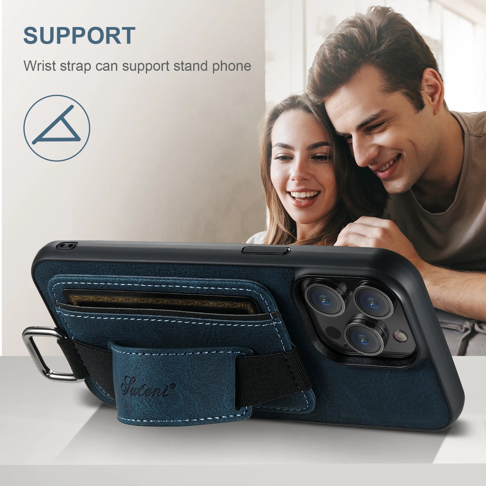 Luxury iPhone Leather Wallet Case with Card Holder — Wrist Strap Design, PU Leather Cover, Shockproof Full Body Protection, Stylish Storage Compartment