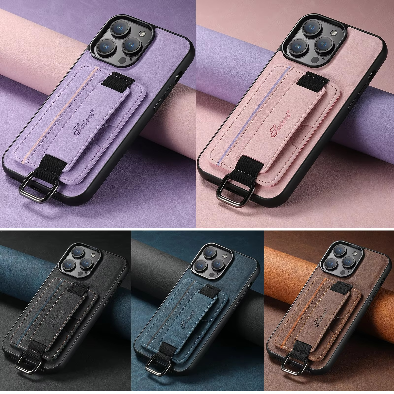 Luxury iPhone Leather Wallet Case with Card Holder — Wrist Strap Design, PU Leather Cover, Shockproof Full Body Protection, Stylish Storage Compartment