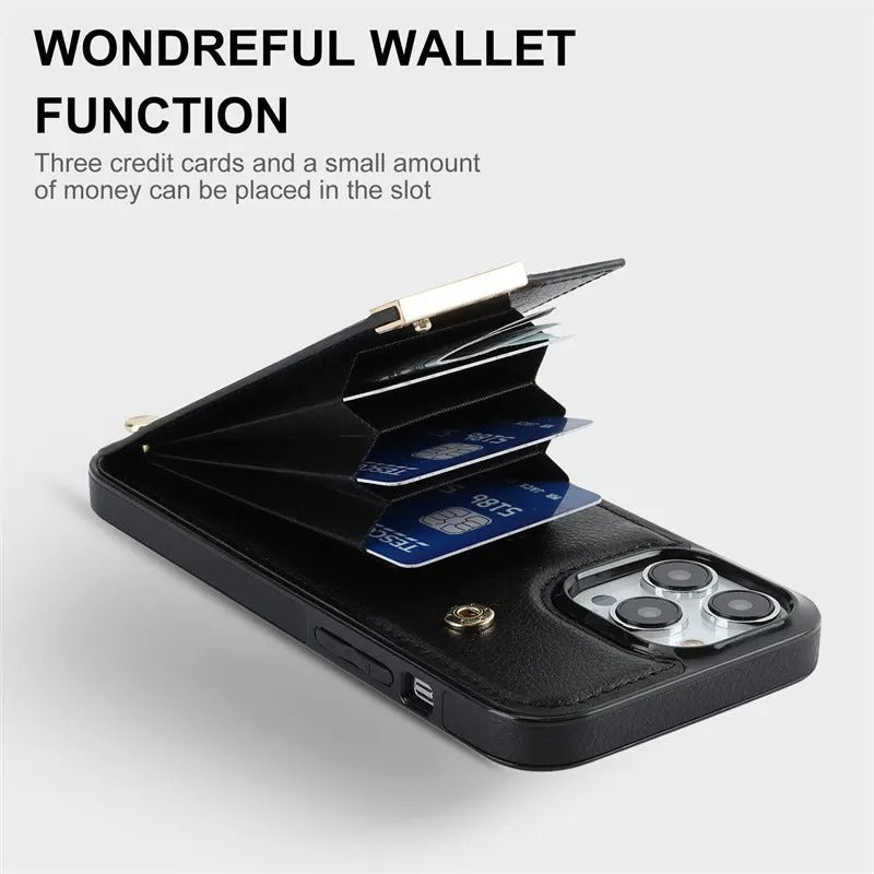 Luxury iPhone Leather Wallet Case with Card Holders — Kickstand Function, Full Body Protective Cover, Shockproof Design, Stylish and Functional Phone Case