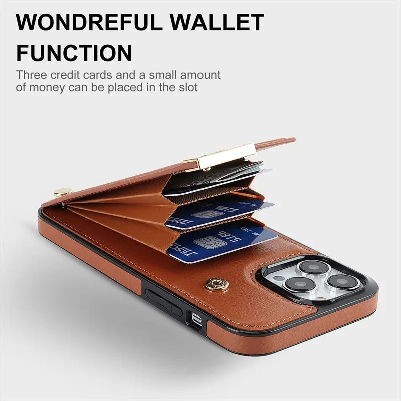 Luxury iPhone Leather Wallet Case with Card Holders — Kickstand Function, Full Body Protective Cover, Shockproof Design, Stylish and Functional Phone Case