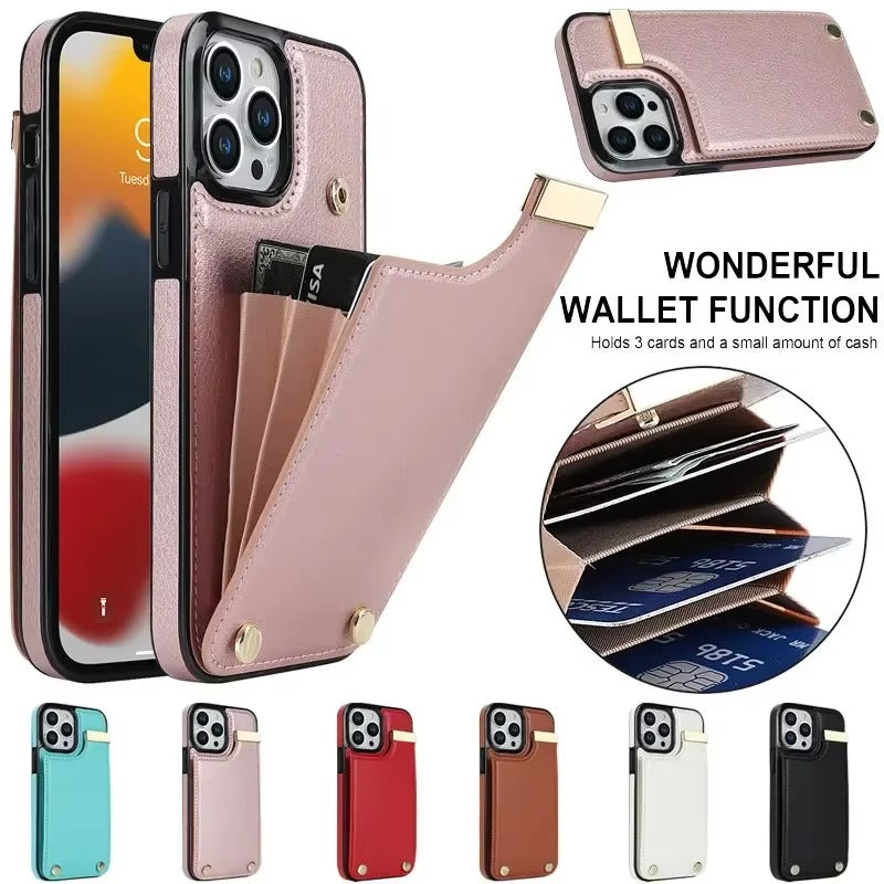 Luxury iPhone Leather Wallet Case with Card Holders — Kickstand Function, Full Body Protective Cover, Shockproof Design, Stylish and Functional Phone Case