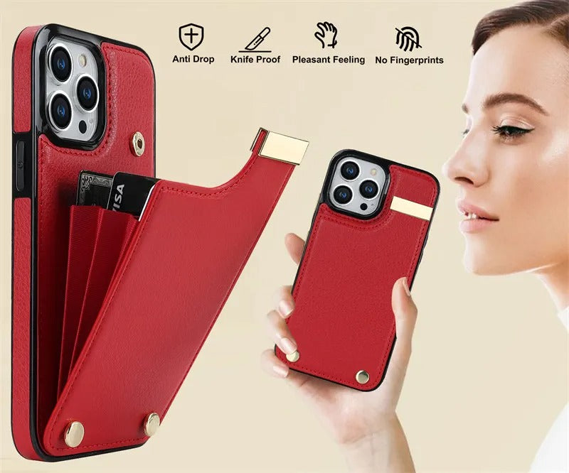 Luxury iPhone Leather Wallet Case with Card Holders — Kickstand Function, Full Body Protective Cover, Shockproof Design, Stylish and Functional Phone Case
