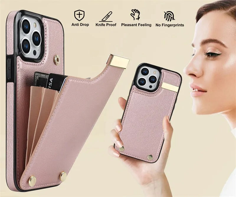 Luxury iPhone Leather Wallet Case with Card Holders — Kickstand Function, Full Body Protective Cover, Shockproof Design, Stylish and Functional Phone Case