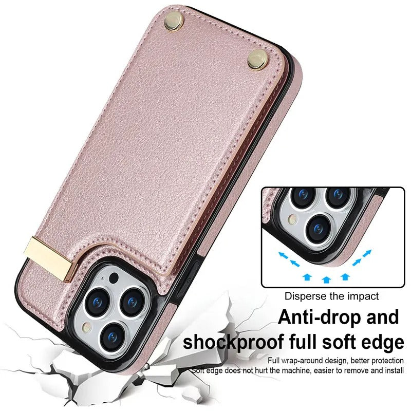 Luxury iPhone Leather Wallet Case with Card Holders — Kickstand Function, Full Body Protective Cover, Shockproof Design, Stylish and Functional Phone Case