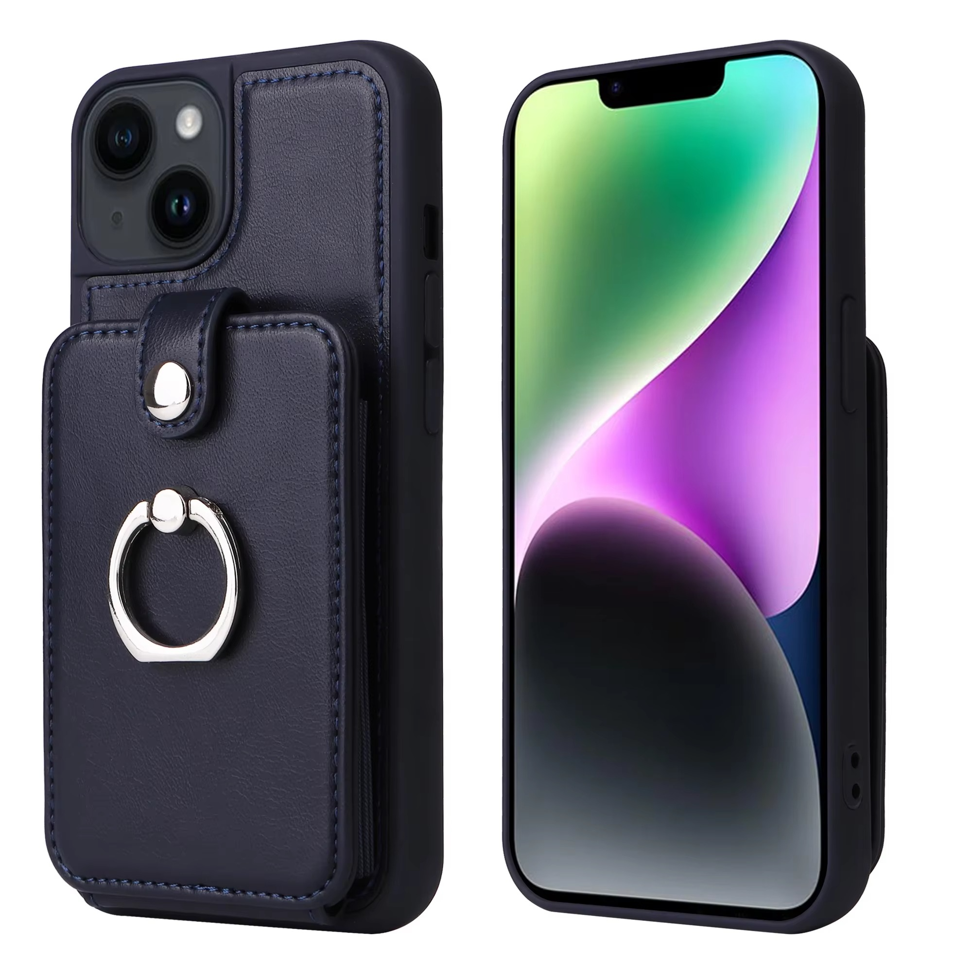 Luxury iPhone Leather Wallet Case with Ring Holder — Card Slot Cover, Shockproof Protective Design, Anti-Fingerprint Scratch-Resistant Non-Slip Finish