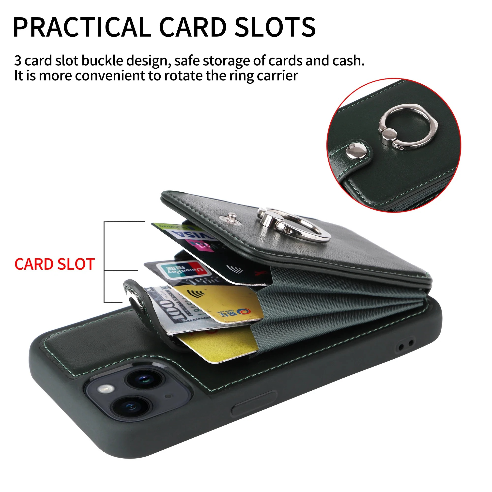 Luxury iPhone Leather Wallet Case with Ring Holder — Card Slot Cover, Shockproof Protective Design, Anti-Fingerprint Scratch-Resistant Non-Slip Finish