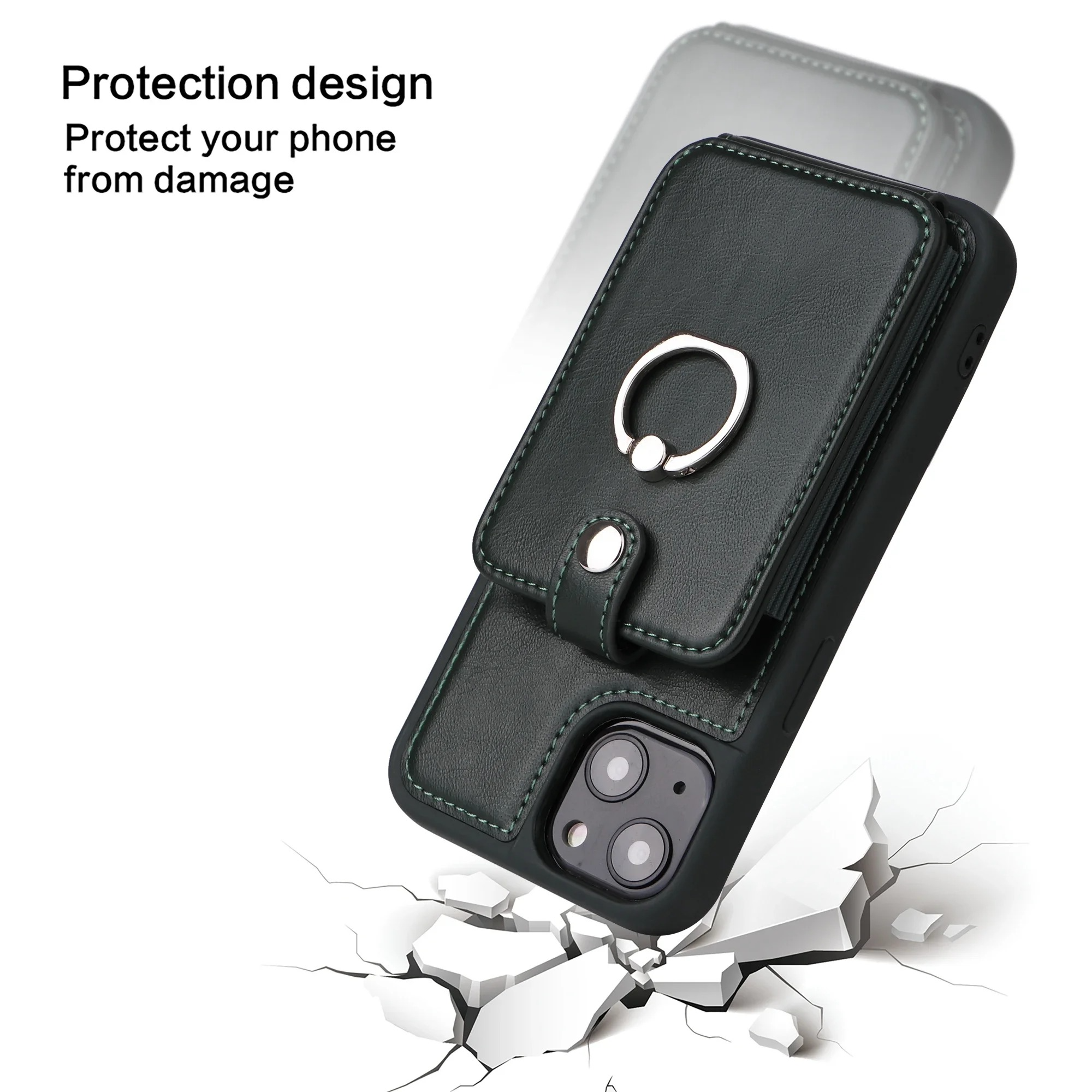 Luxury iPhone Leather Wallet Case with Ring Holder — Card Slot Cover, Shockproof Protective Design, Anti-Fingerprint Scratch-Resistant Non-Slip Finish