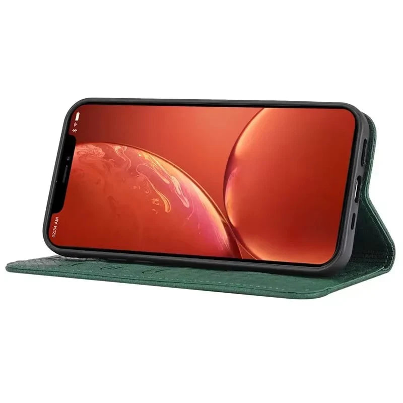 Luxury iPhone Leather Wallet Flip Case — Magnetic Cover with Card Holder, Kickstand Function, Dual Layer Shockproof Protection, Anti-Fingerprint Design