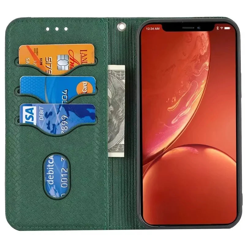 Luxury iPhone Leather Wallet Flip Case — Magnetic Cover with Card Holder, Kickstand Function, Dual Layer Shockproof Protection, Anti-Fingerprint Design