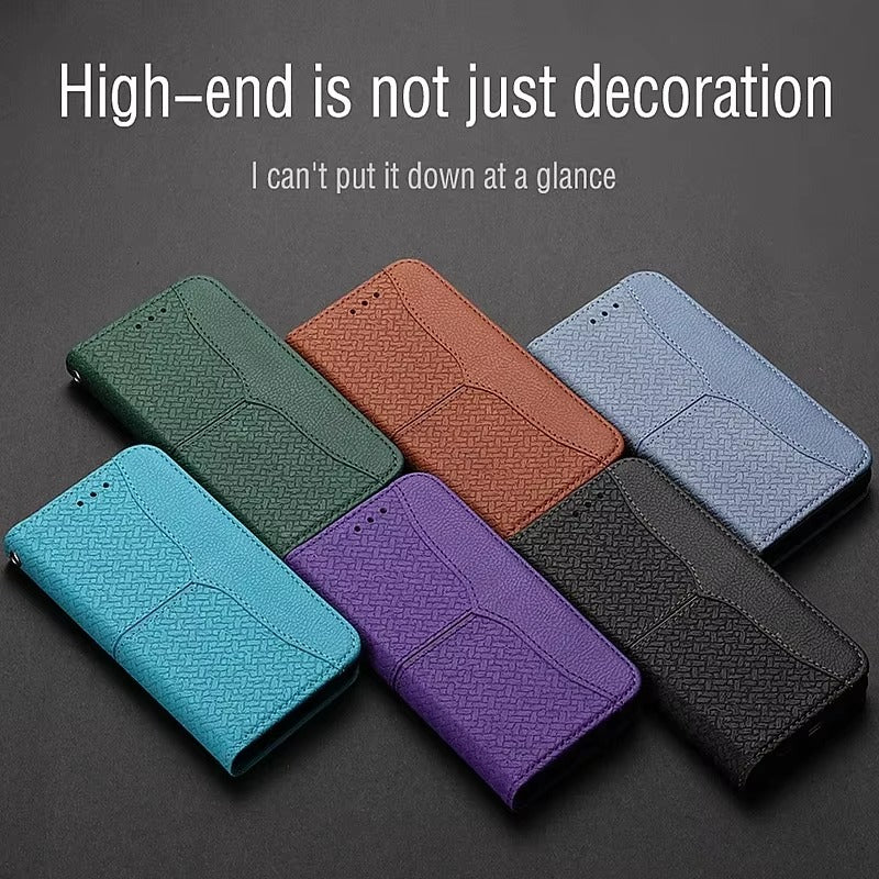 Luxury iPhone Leather Wallet Flip Case — Magnetic Cover with Card Holder, Kickstand Function, Dual Layer Shockproof Protection, Anti-Fingerprint Design