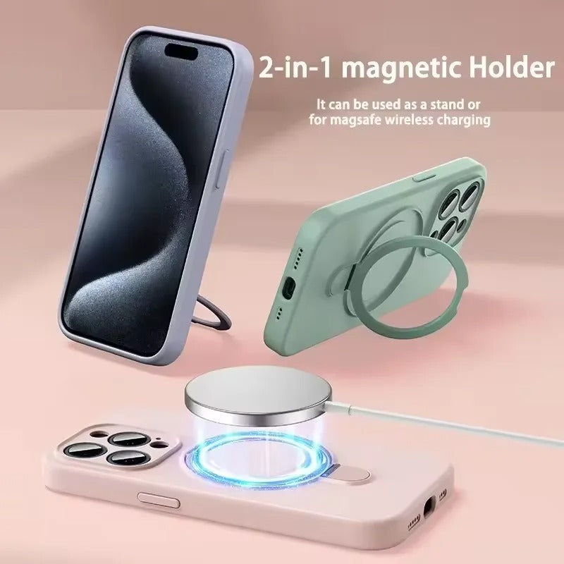 Luxury iPhone Liquid Silicone MagSafe Case — Magnetic Ring Holder Stand Cover, Shockproof Anti-Fingerprint Design, Wireless Charging Compatible Non-Slip Protection