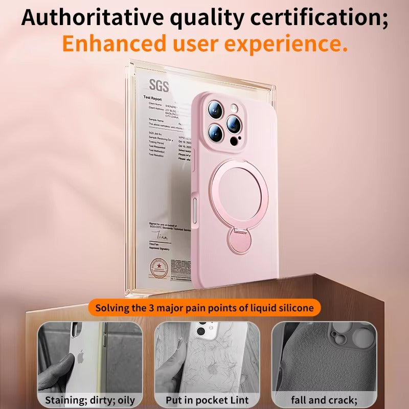 Luxury iPhone Liquid Silicone MagSafe Case — Magnetic Stand Holder Cover, Shockproof Full Protection, Matte Anti-Fingerprint Soft Bumper Design