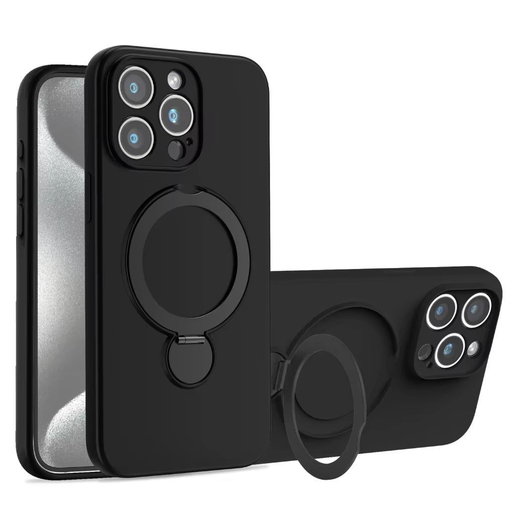 Luxury iPhone Liquid Silicone MagSafe Case — Magnetic Stand Holder Cover, Shockproof Full Protection, Matte Anti-Fingerprint Soft Bumper Design