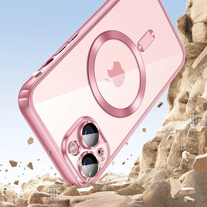 Luxury iPhone MagSafe Case Clear Plating Silicone Cover — Transparent Soft Design with Lens Film Protection, Slim Shockproof Anti-Fingerprint Non-Slip Finish