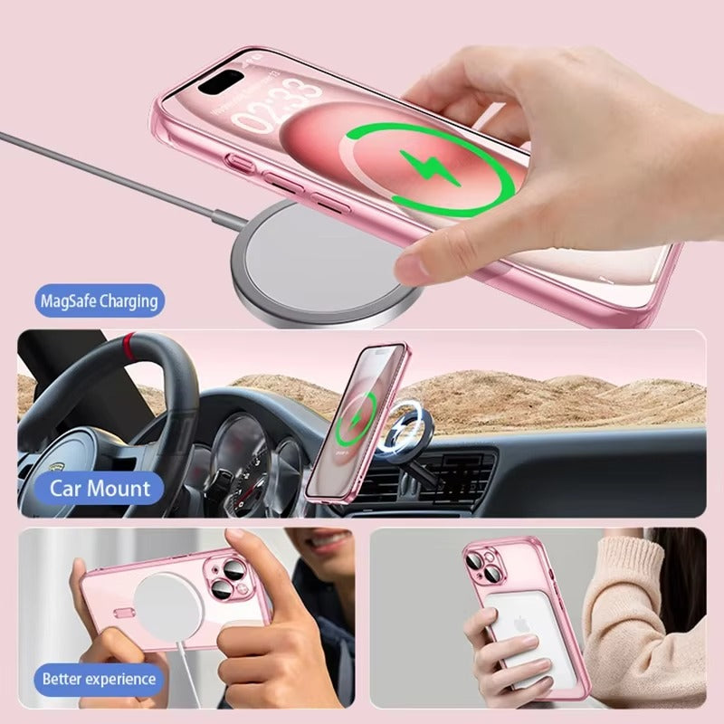 Luxury iPhone MagSafe Case Clear Plating Silicone Cover — Transparent Soft Design with Lens Film Protection, Slim Shockproof Anti-Fingerprint Non-Slip Finish