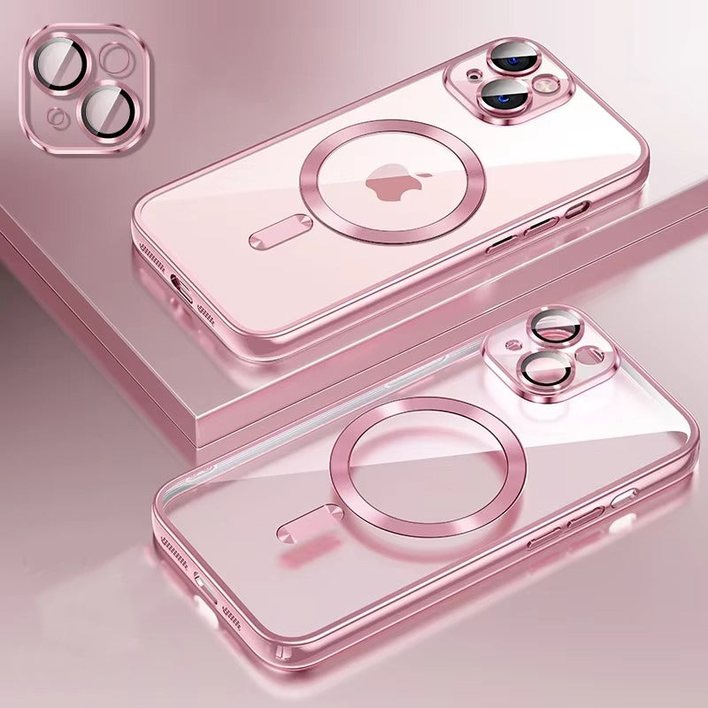Luxury iPhone MagSafe Case Clear Plating Silicone Cover — Transparent Soft Design with Lens Film Protection, Slim Shockproof Anti-Fingerprint Non-Slip Finish