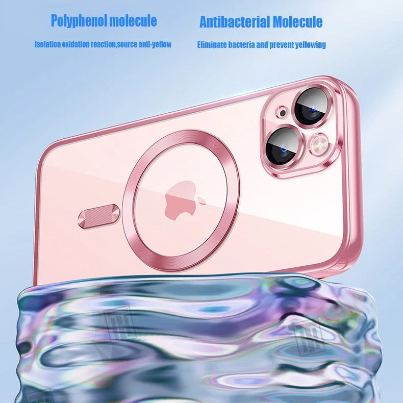 Luxury iPhone MagSafe Case Clear Plating Silicone Cover — Transparent Soft Design with Lens Film Protection, Slim Shockproof Anti-Fingerprint Non-Slip Finish