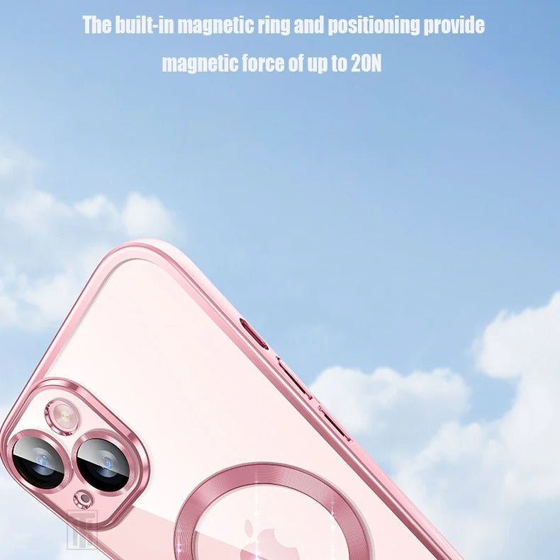 Luxury iPhone MagSafe Case Clear Plating Silicone Cover — Transparent Soft Design with Lens Film Protection, Slim Shockproof Anti-Fingerprint Non-Slip Finish