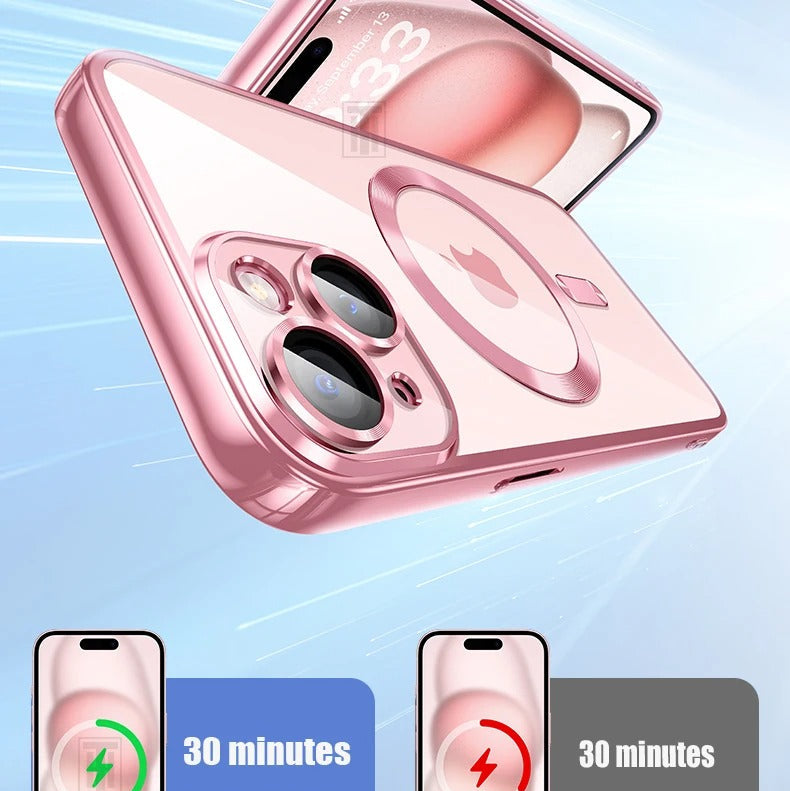 Luxury iPhone MagSafe Case Clear Plating Silicone Cover — Transparent Soft Design with Lens Film Protection, Slim Shockproof Anti-Fingerprint Non-Slip Finish