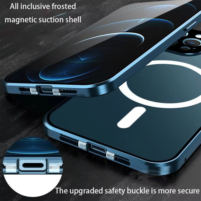 Luxury iPhone MagSafe Case Double-Sided Glass Cover — 360° Full Body HD Transparent Protection, Magnetic Metal Alloy Frame, Shockproof Anti-Fingerprint Design