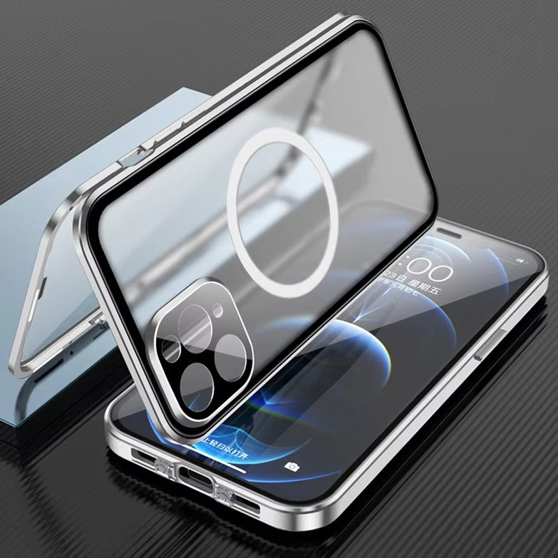 Luxury iPhone MagSafe Case Double-Sided Glass Cover — 360° Full Body HD Transparent Protection, Magnetic Metal Alloy Frame, Shockproof Anti-Fingerprint Design