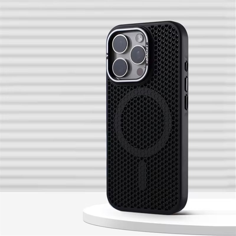 Luxury iPhone MagSafe Case Honeycomb Heat Dissipation — Matte Shockproof Cover with Lens Holder, Lightweight Anti-Fingerprint Scratch-Resistant Design